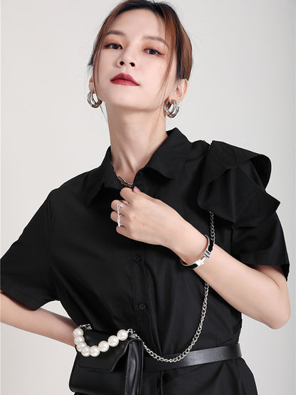 Stylish Irregular Split-Joint Falbala Buttoned Lapel Collar Short Sleeves Midi Dress