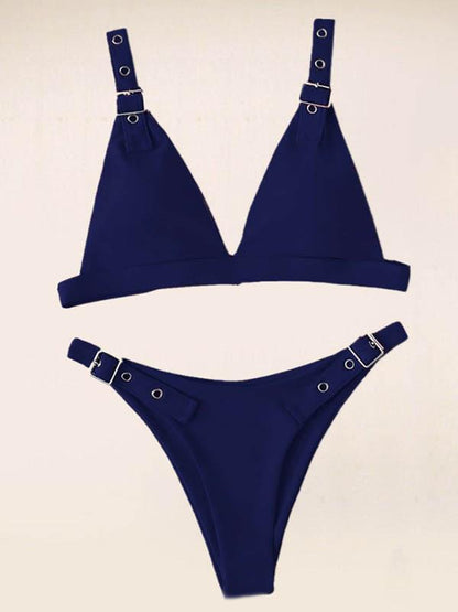 Solid Color Adjusting Buckle Split Bikini Swimsuit