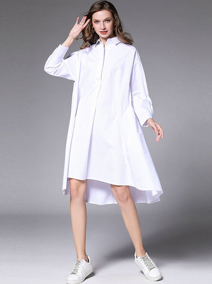 Simple Loose 4 Colors Buttoned Lapel Collar Raglan Sleeves High-Low Midi Dress