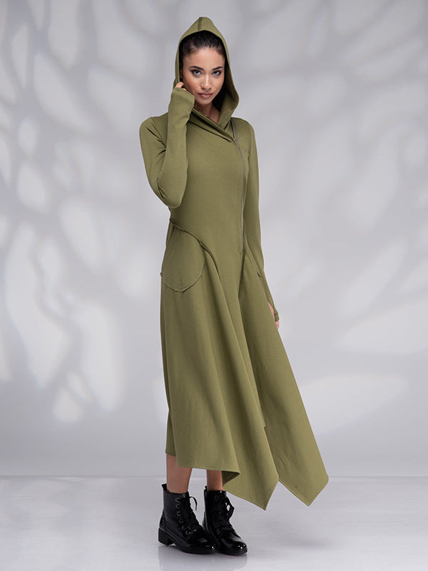Original Solid Color Zipper Hooded Long Sleeves Midi Dress