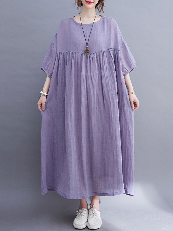 Simple Solid Color Puff Sleeve Midi Dress