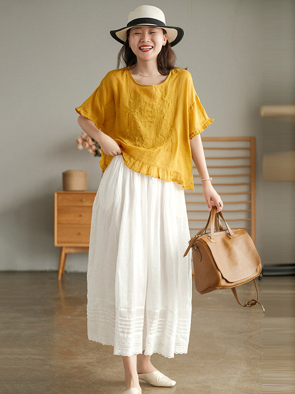 Ramie Cotton Embroidered Round-Neck T-Shirts Tops