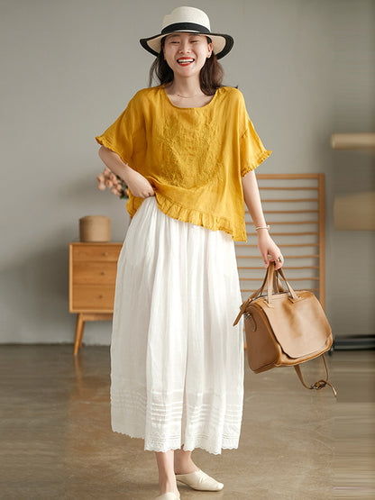 Ramie Cotton Embroidered Round-Neck T-Shirts Tops