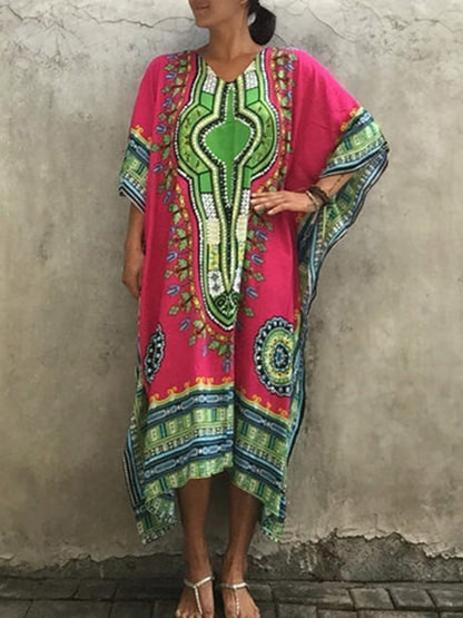 Elegant V-neckline Short Sleeves Maxi Print Bohemia Dress