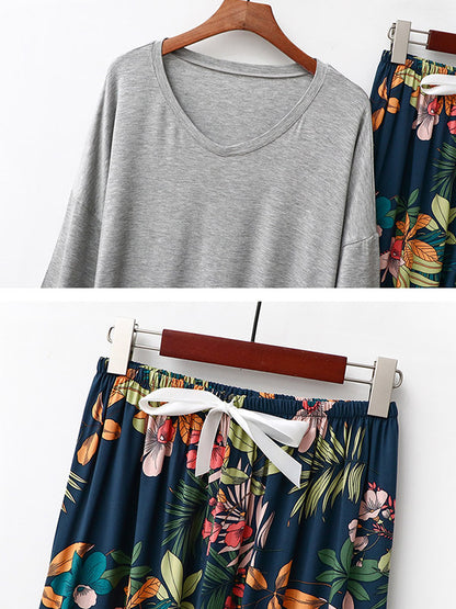 Casual Loose Seven-Quarter Sleeves V-Neck Shirts& Printed Pants Pajama Sets