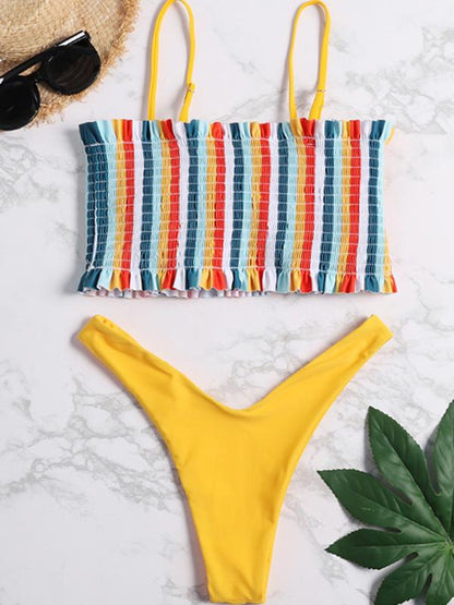 Striped Top Smocked Bikini Set