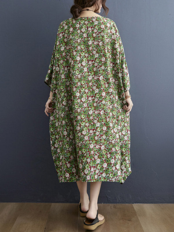 Vintage Loose Floral Printed Round-Neck Batwing Sleeves Midi Dress