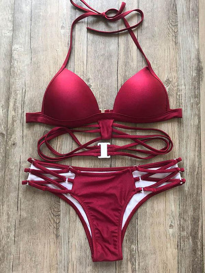 Solid Color Bandage Bikini Swimsuit