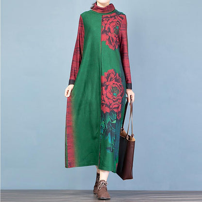 Buykud Fashion Turtleneck Floral Printed Warm Dress