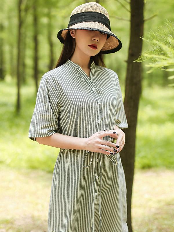 Artistic Retro Striped Shirt Dress