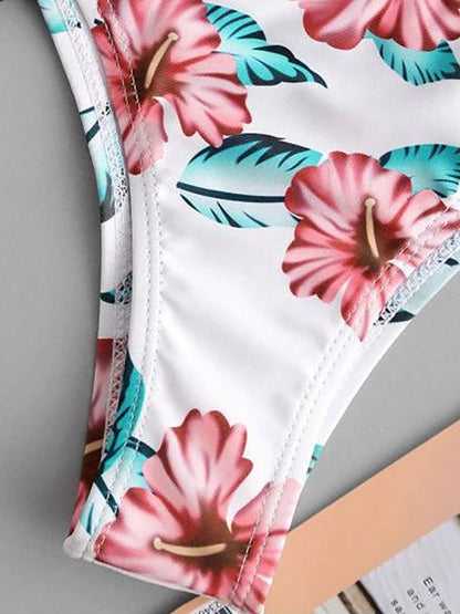 Solid Color & Floral-Print Three-Piece Split Bikini Swimsuit