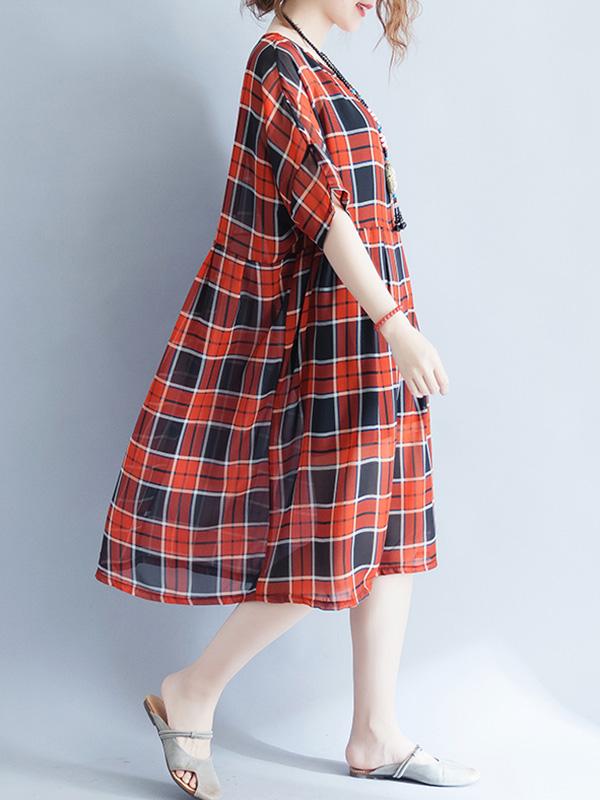 Loose Light Red Plaid Long Dress