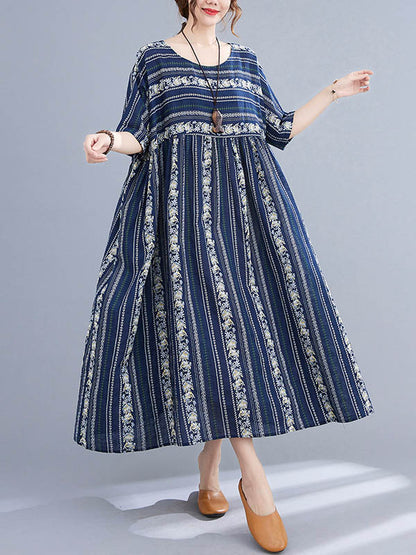 Vintage Striped Printed Round-Neck Short Sleeves Midi Dress