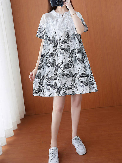 Stylish Linen Printed Split-Joint Round-Neck Lace Short Sleeves Mini Dress