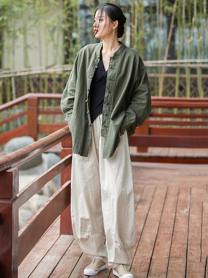 Original Artistic Retro Loose Solid Color Ramie Cotton Blouse Outwear