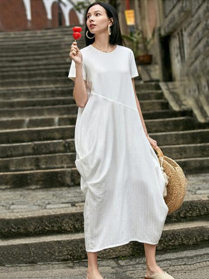 Loose White Split-joint Cropped Round-neck Long Dress