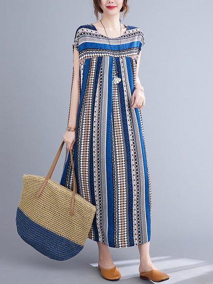 Casual Split-Joint Striped Round-Neck Short Sleeves Loose Midi Dress
