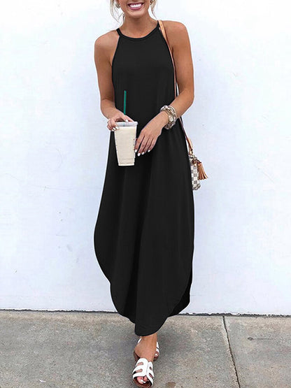 Simple Black Cropped Spaghetti-Neck Maxi Dress
