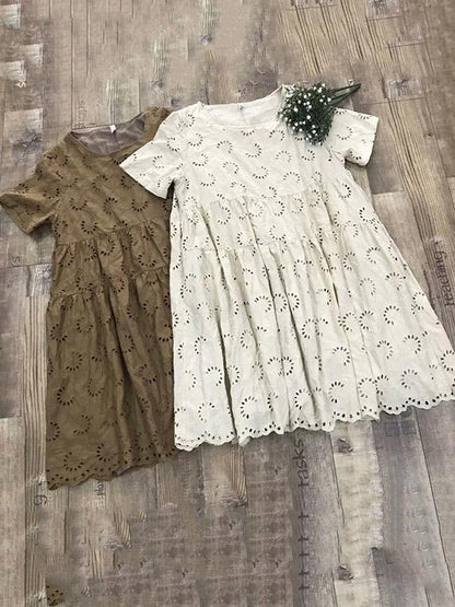 Cotton Vintage Embroidered Hollow Tiered Dress