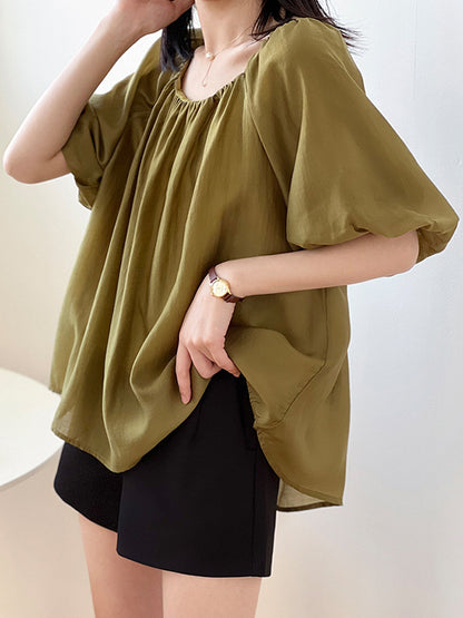 Urban Loose Solid Color Puff Sleeves Off-The-Shoulder T-Shirt