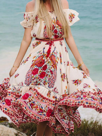 Pretty Bohemia Floral Off Shoulder Short Sleeve Beach Dress Maxi Dress