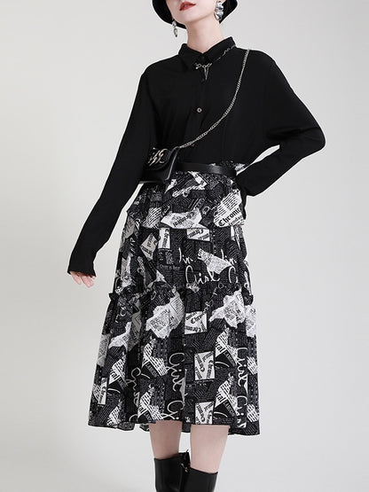 Original Falbala Letter Printed Split-Joint Buttoned Lapel Collar Long Sleeves Midi Dress