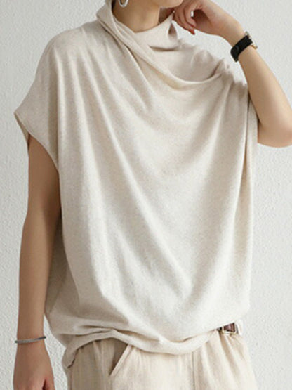 Casual Irregular Solid Color Pleated Heaps Collar Short Sleeves T-Shirt