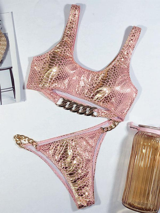 Snake-Print Chain Embellished Split Bikini Swimsuit
