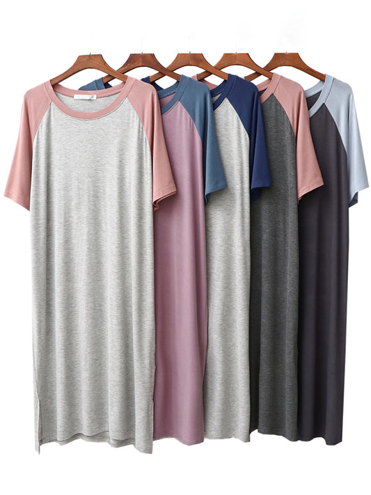 Casual Loose Contrast Color Split-Side Round-Neck Raglan Sleeves Pajama Dress Nightgowns