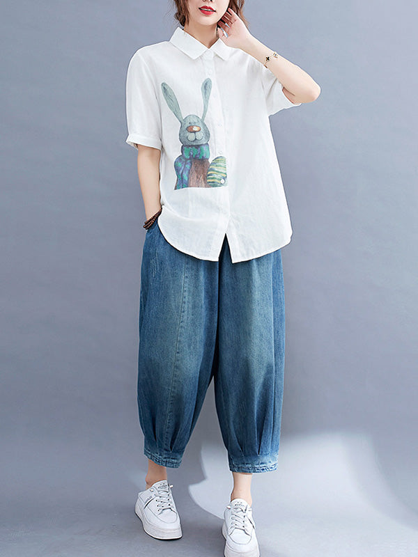 Original Cartoon Printed Lapel Blouse