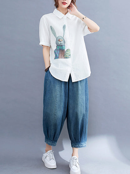Original Cartoon Printed Lapel Blouse