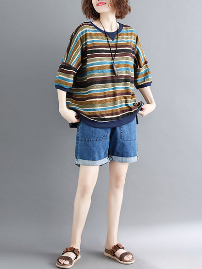 Casual Contrast Color Striped Short Sleeves T-Shirt Top