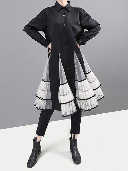 Loose Stitching Mesh Lapel Dress