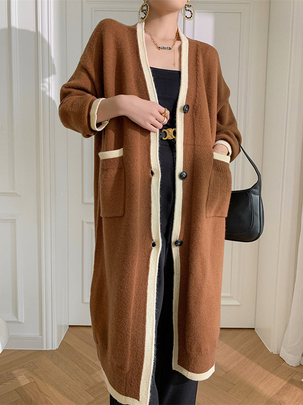 Stylish Loose Long Sleeves Split-Joint V-Neck With Pockets Cardigan Tops