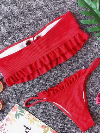 Falbala Lace-Up Bikinis Swimwear