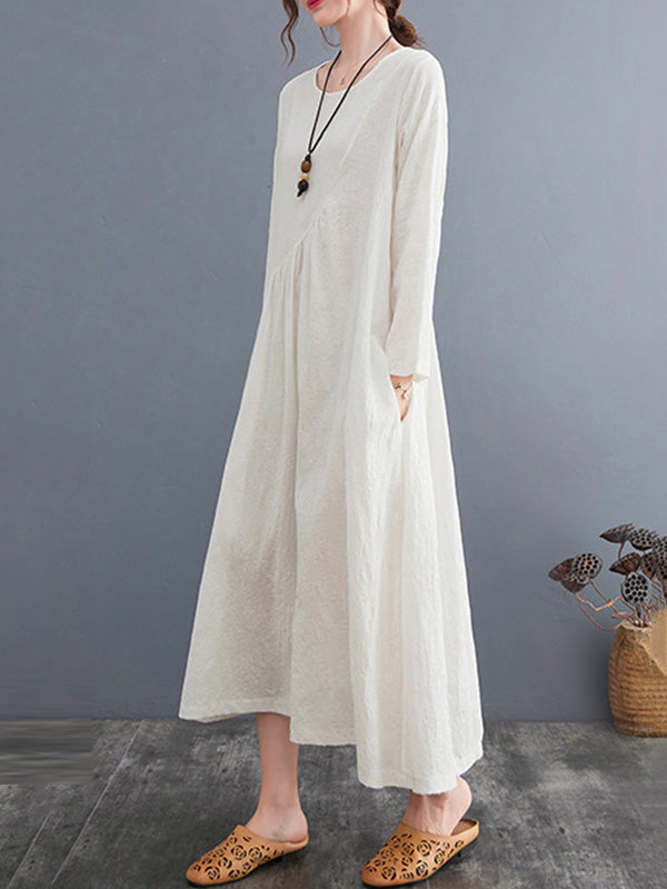 Casual Simple Solid Color Pleated Round-Neck Long Sleeves Midi Dress