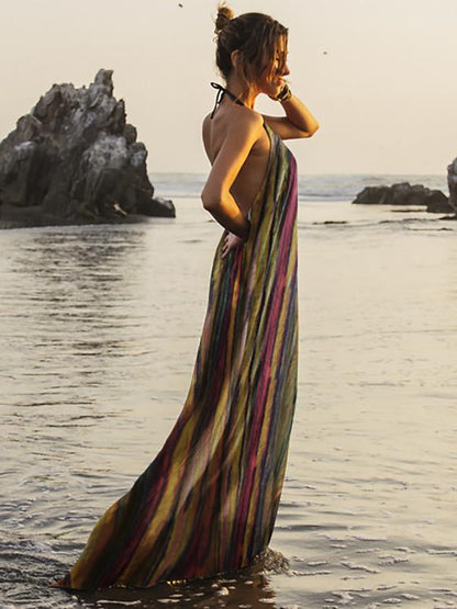 Colorful Striped Backless Halter-neck Maxi Dress