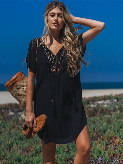 Lacy Solid Black Hollow Beach Cover-ups