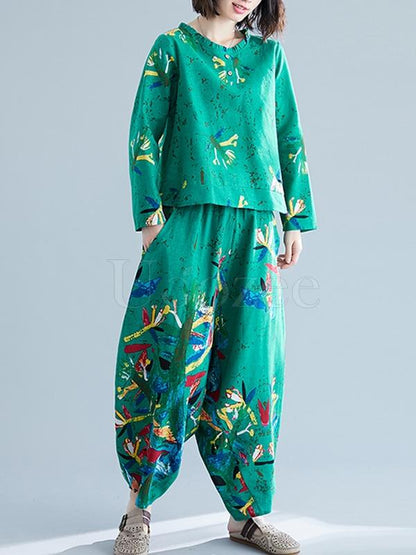 Casual Floral Printed Blouses&Pants Suits