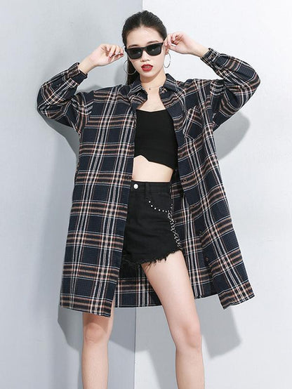 Loose Retro Lapel Plaid Shirt Dress
