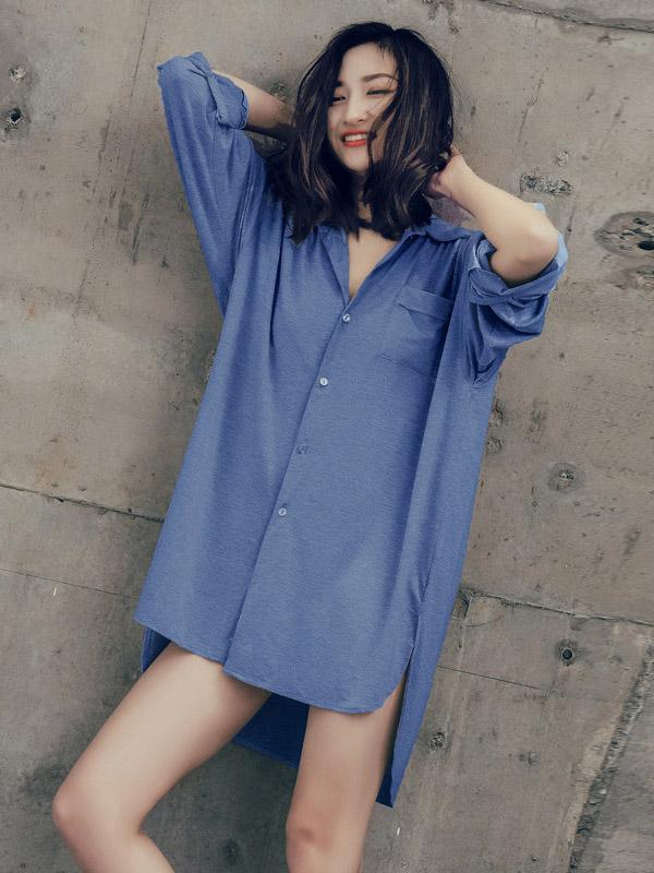 Leisure Solid Lapel Shirt Dress Pajama