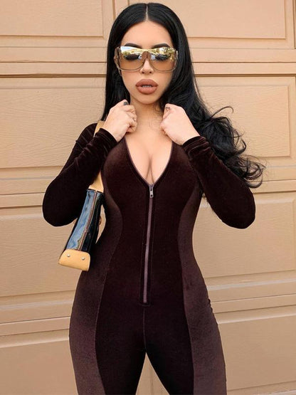 Sexy Solid Color Zipper Long Sleeves Sports Jumpsuits