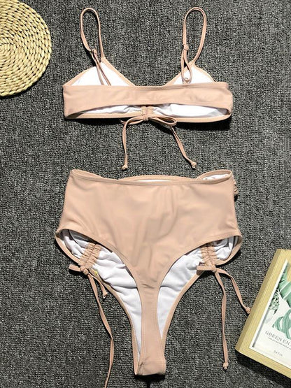 Solid Lace-Up Empire Bikini Swimsuit