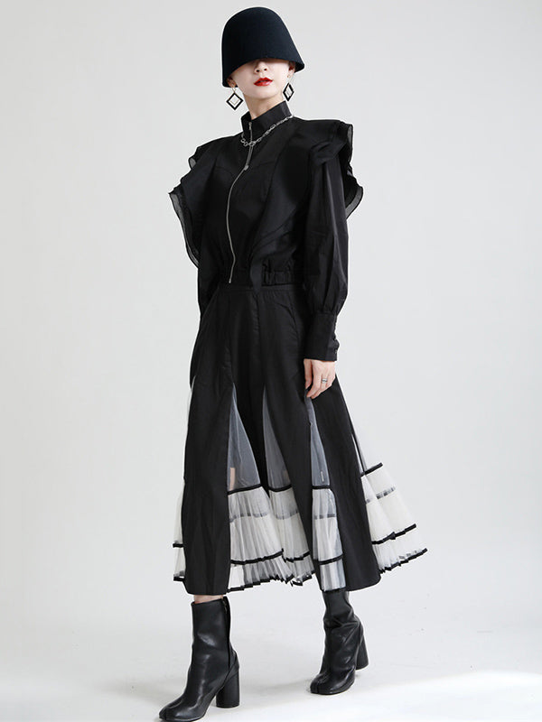Stylish Solid Color Split-Joint Mesh Falbala Zipper Stand Collar Long Sleeves Outwear