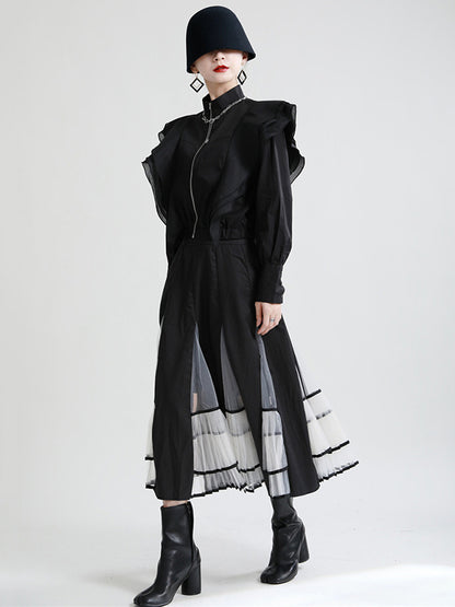 Stylish Solid Color Split-Joint Mesh Falbala Zipper Stand Collar Long Sleeves Outwear