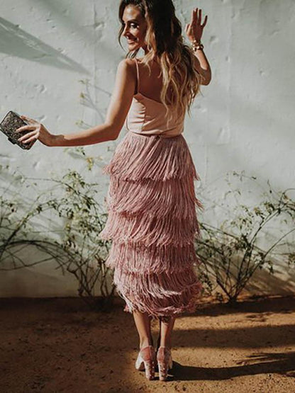 Spaghetti-neck Stacked Tassels Midi Dress