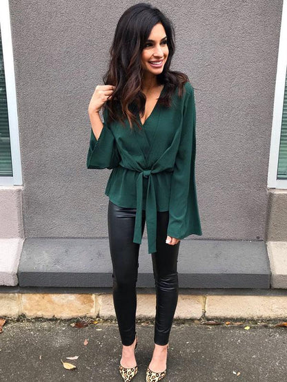 V-neck Bandage Solid Ruffled Shirt Top