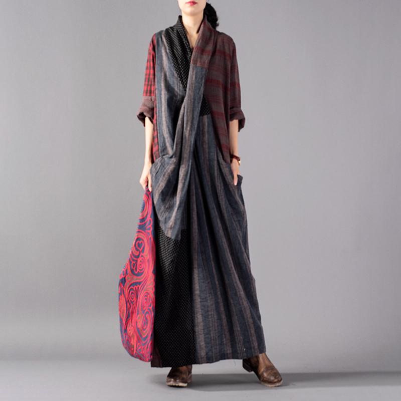 Buykud Stripe Plaid Dot Split Hem Retro Dress