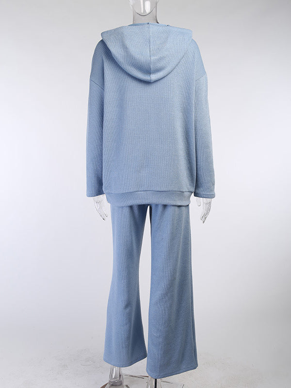 Simple Casual Solid Color Knitted Hoodies+Knitted Elasticity Wide Leg Pants 2 Pieces Set