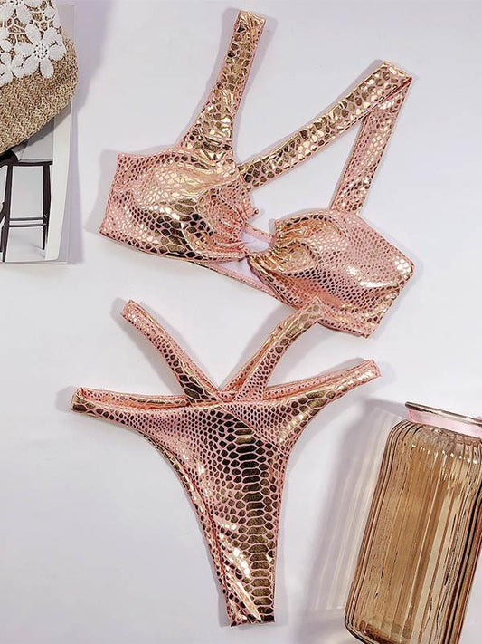 Snake-Print Asymmetric Split Bikini Swimsuit